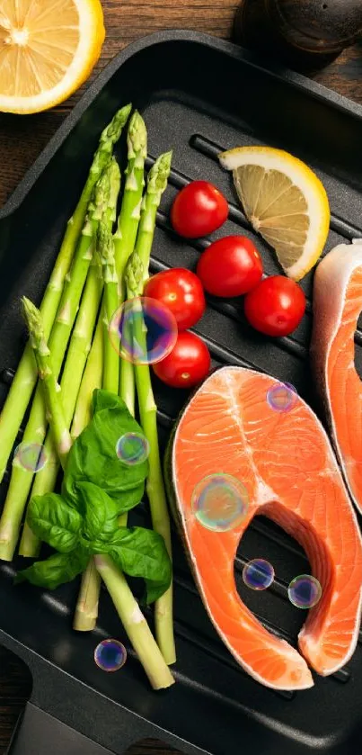 Vibrant salmon and asparagus on a black grill pan wallpaper.