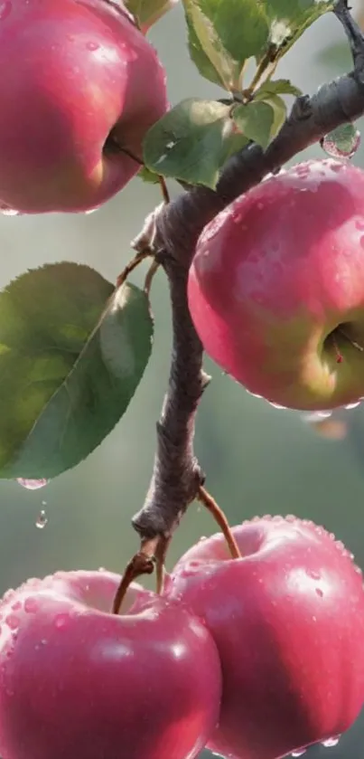 Dewy red apples hanging on a branch with green leaves.