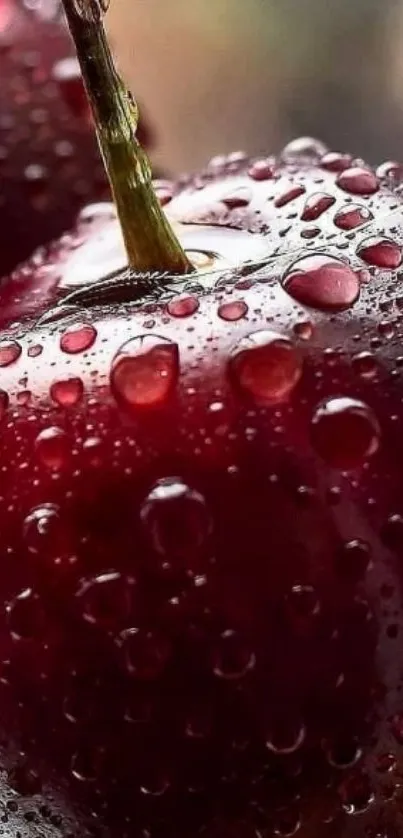 Close-up image of dewy dark red cherries with water drops.