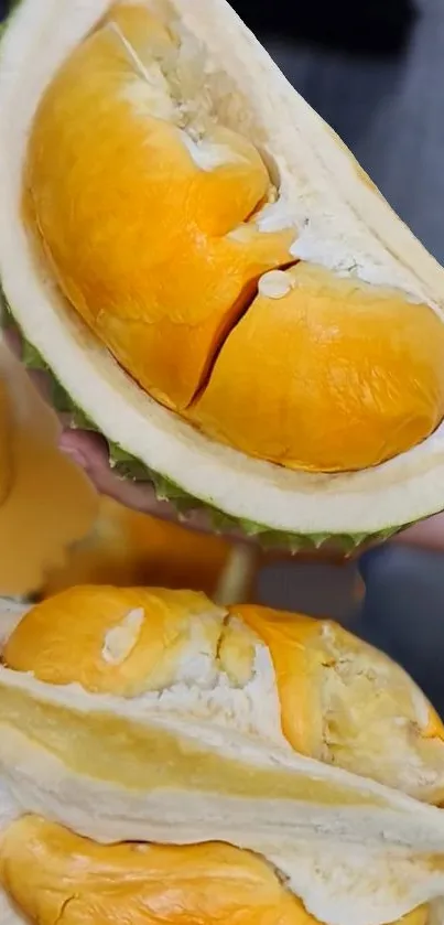 Close-up of fresh durian slices with vibrant orange flesh.