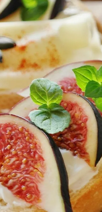Sliced figs and mint leaves on bread for a refreshing wallpaper.