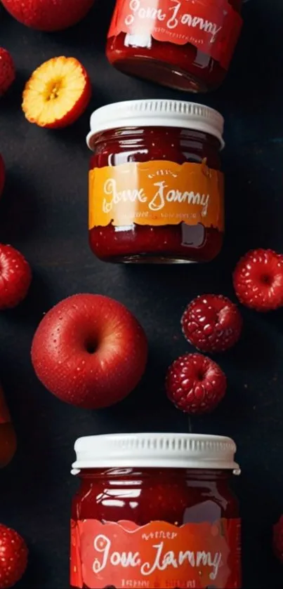 Jars of jam surrounded by fresh fruits on a dark background.