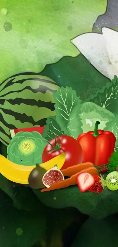 Vibrant fruit and veggie wallpaper with lush green tones.