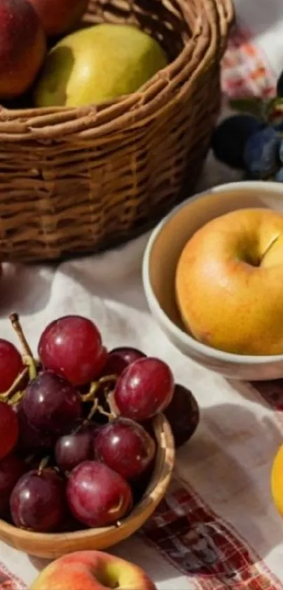 Mobile wallpaper of a basket with assorted fresh fruits on a picnic cloth.