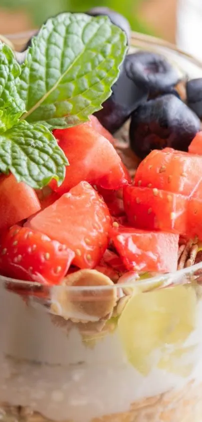 Close-up of fresh fruit and mint dessert for mobile wallpaper.