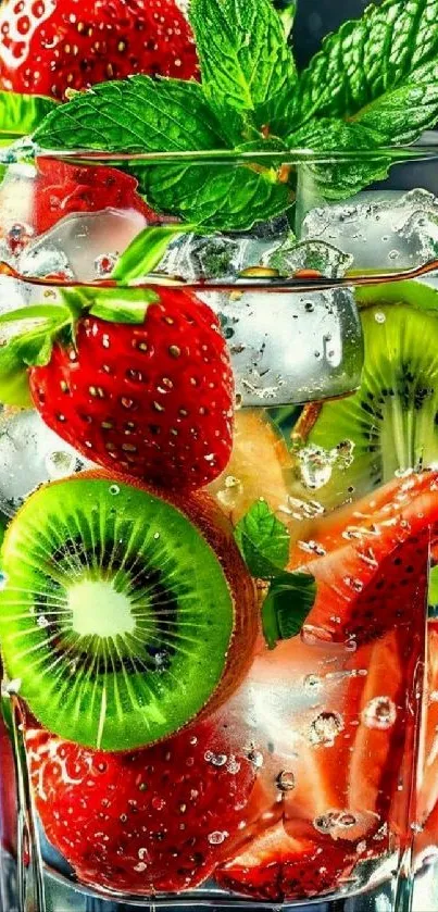 Refreshing glass of fruit-infused water with strawberries and kiwi.
