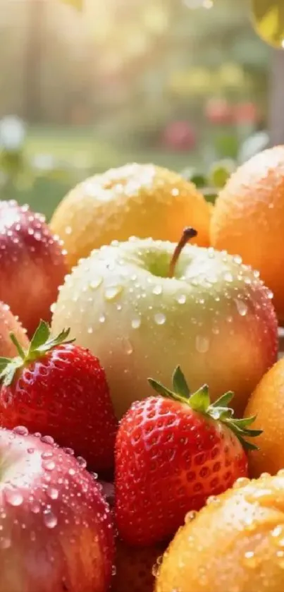 Close-up of fresh apples and strawberries with dew.