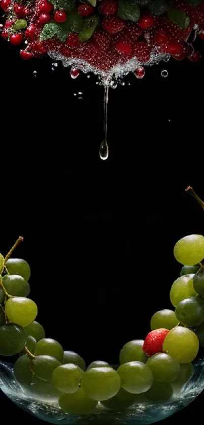 Juicy grapes and strawberries with water splash on black background.