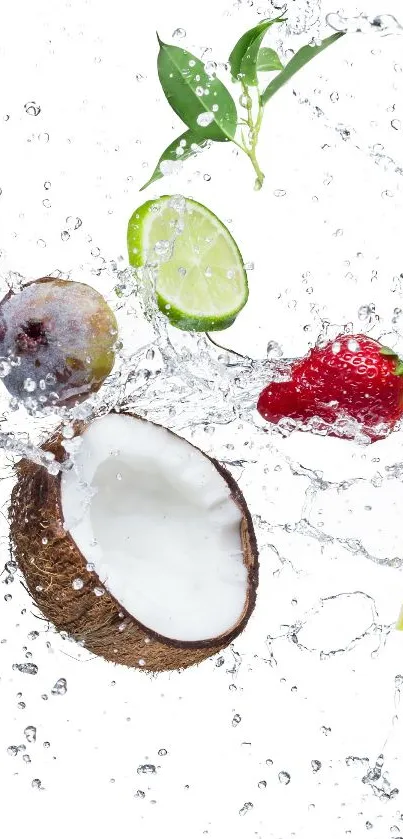 Fruits like coconut and lime splashing in water on a white background.