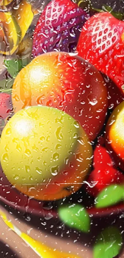 Colorful fruits with water droplets on a vibrant mobile wallpaper.