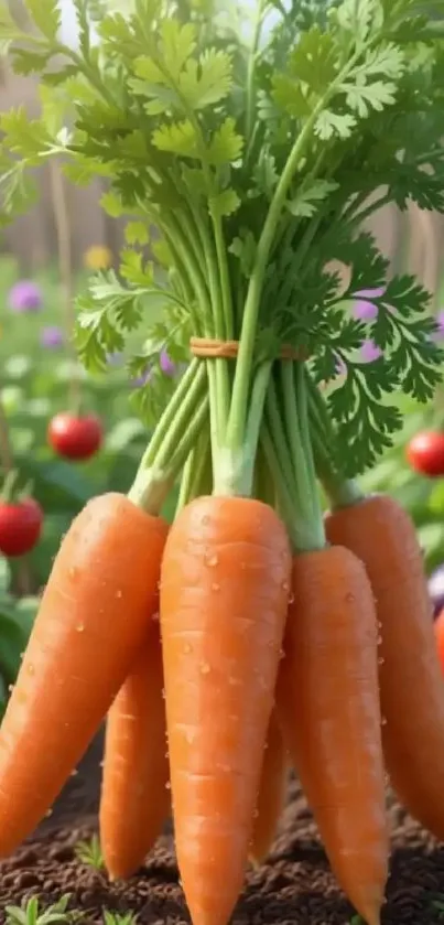Fresh bunch of carrots in a garden setting with leafy greens.