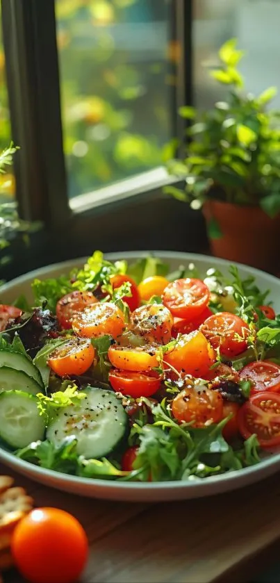 A vibrant garden salad with fresh tomatoes and cucumbers by a sunlit window.