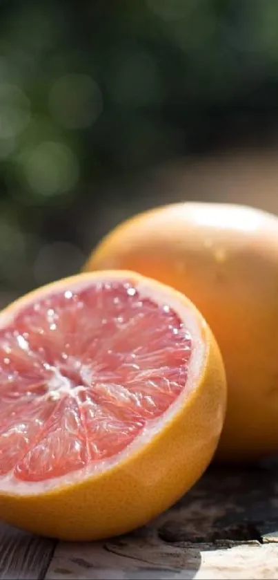 Sliced grapefruit on a rustic wooden table with blurred background.