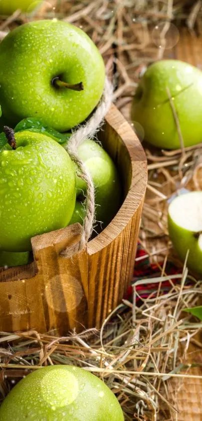 Rustic green apple display on wood with hay accents.