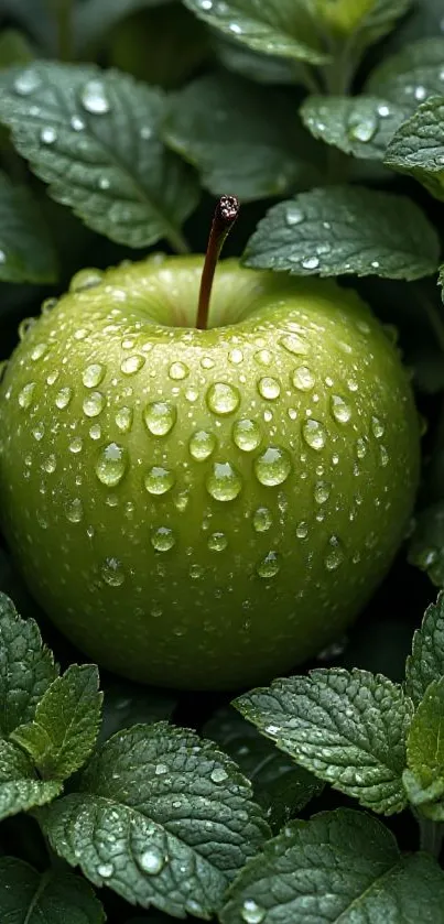 Dew-covered green apple on leafy background.