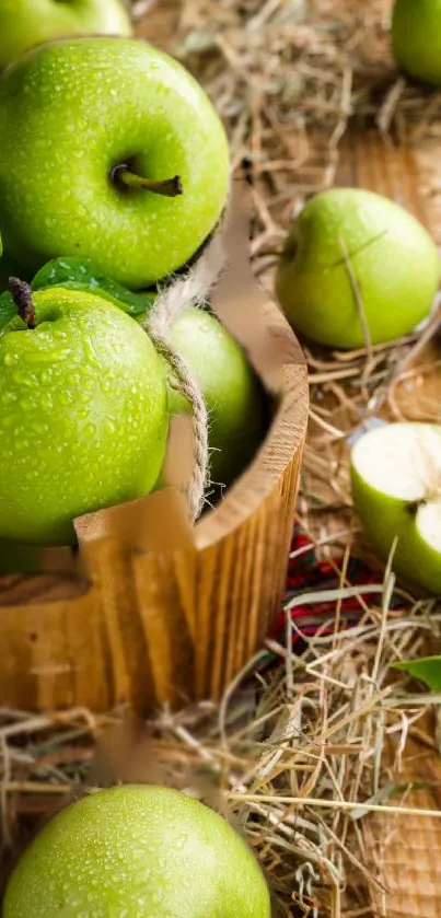 Green apples on wooden background with rustic elements.