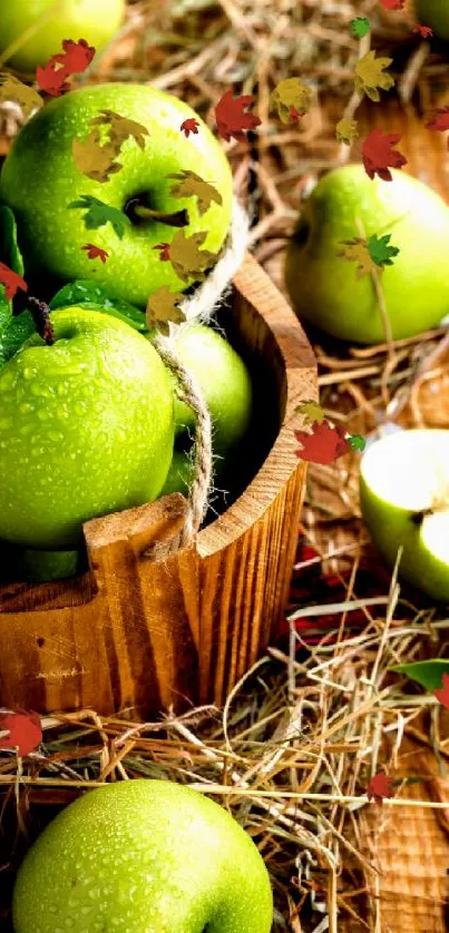 Rustic basket with fresh green apples on straw, capturing a natural scene.