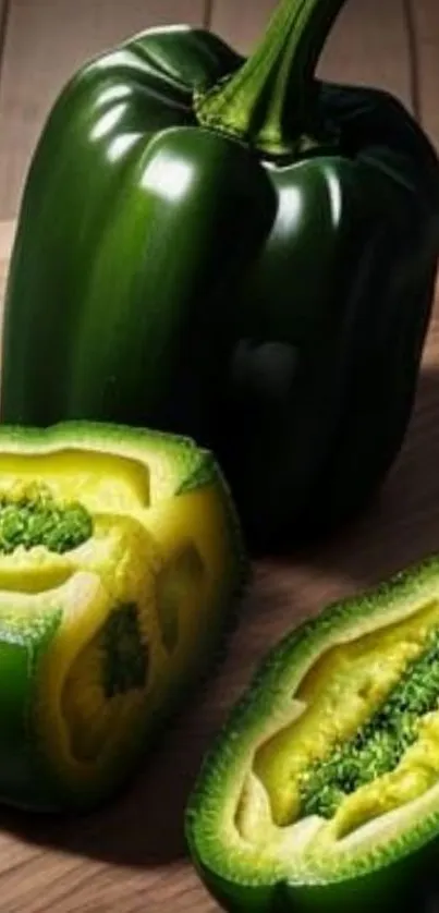 Close-up of a fresh green bell pepper and slices on a wooden board.