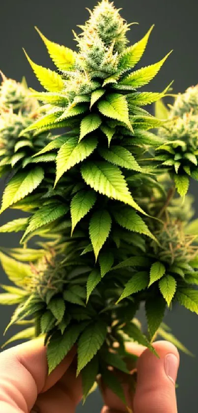 Hand holding vibrant green cannabis plant against a dark background.