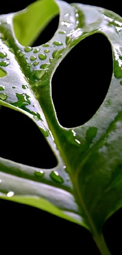 Close-up of a green leaf with dew droplets.