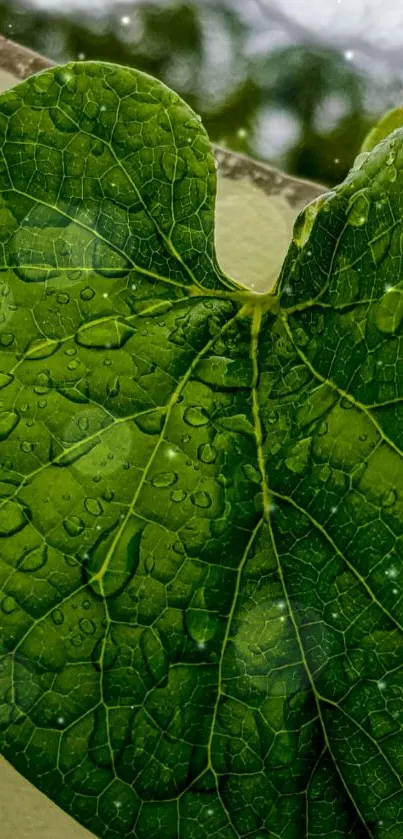 Close-up of a green leaf with water droplets, showcasing intricate texture.