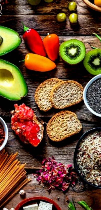Fresh ingredients displayed on rustic table with vibrant colors.