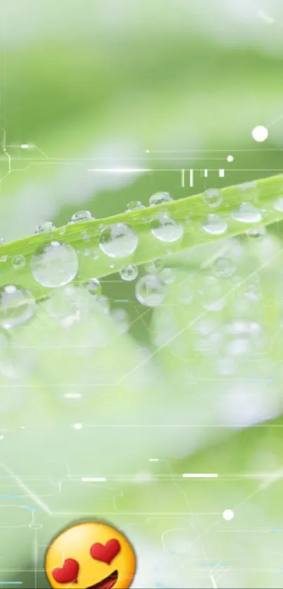 Close-up of green leaf with dewdrops and digital overlay.