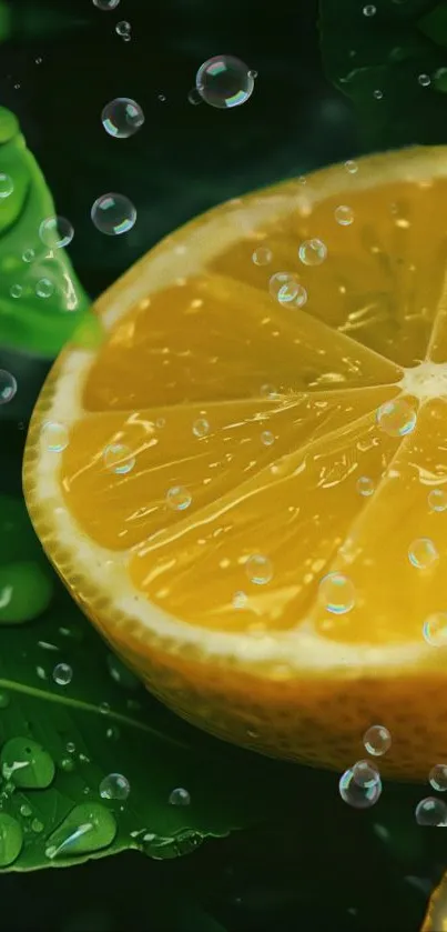 Close-up of a lemon slice with water droplets and green leaves.