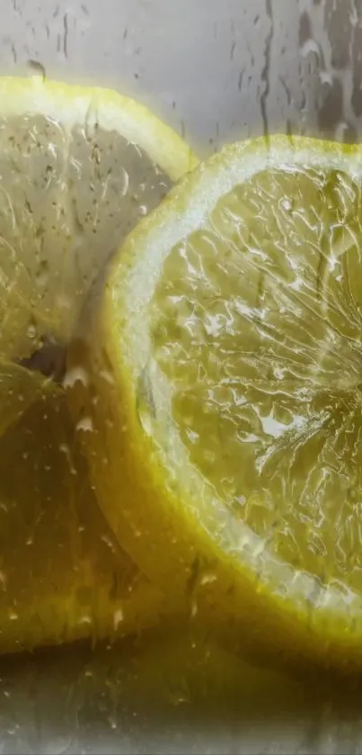 Two vibrant lemon slices under water droplets, emphasizing freshness.