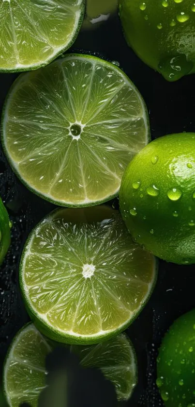 Sliced and whole limes with water droplets, vibrant green mobile wallpaper.