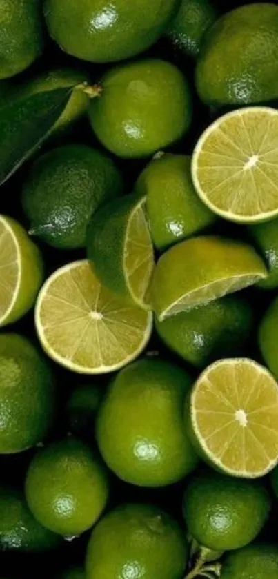 Vibrant green lime fruit with slices as a background.