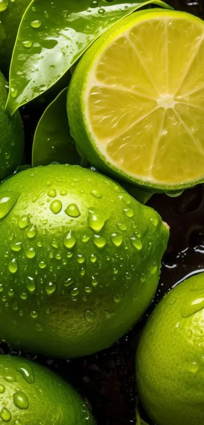 Dew-covered fresh green limes with a sliced lime on vibrant wallpaper.