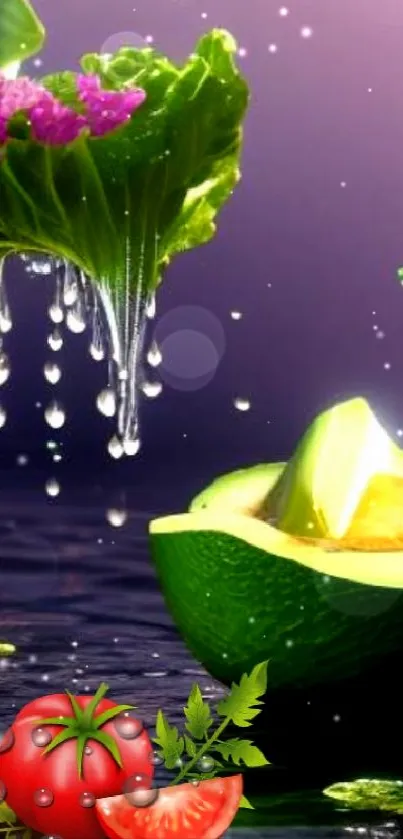 Vibrant nature wallpaper with avocado, lettuce, and water droplets.