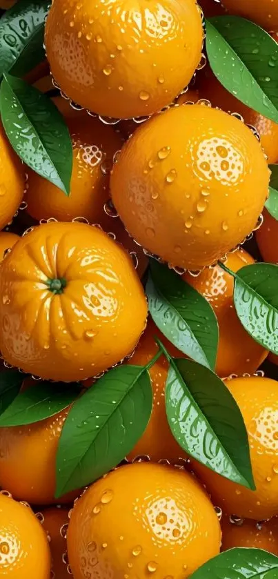 Vibrant orange and green mobile wallpaper with fresh oranges and leaves.