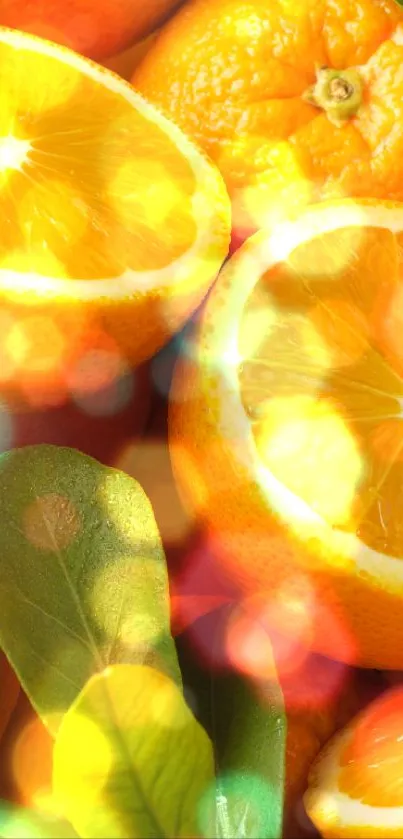 Close-up of fresh orange slices with green leaves.