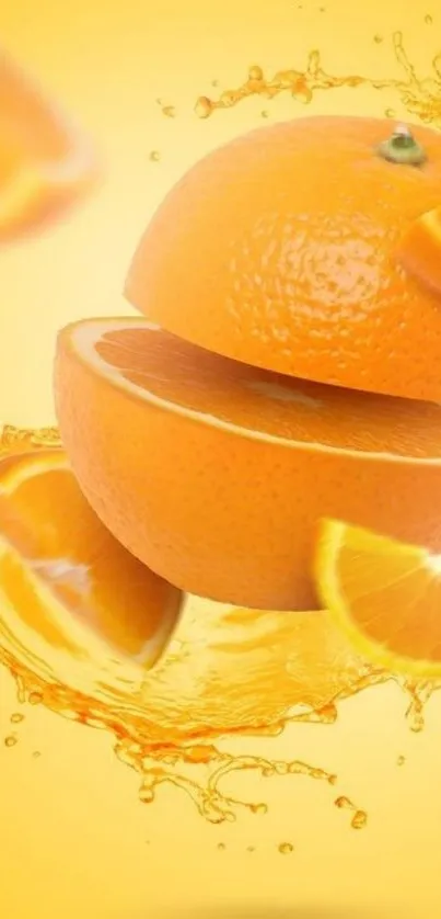 Juicy orange slices with splashes on a vibrant yellow background.