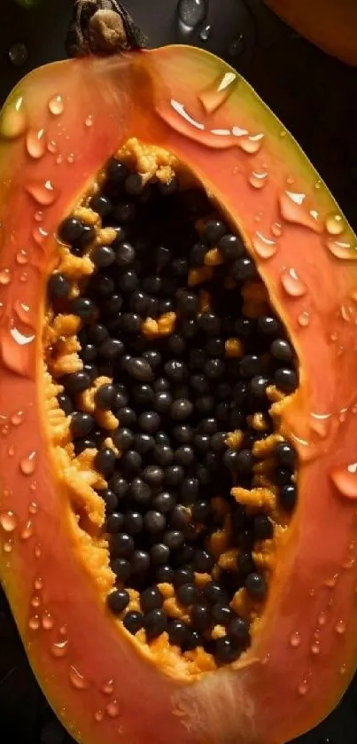 Close-up of a ripe papaya fruit with seeds, highlighting texture and color.