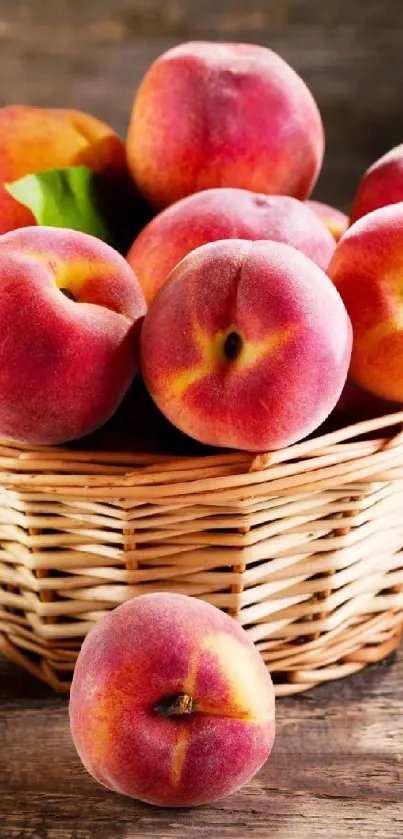 Vibrant peaches in a wicker basket wallpaper.