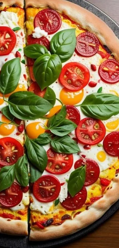 Fresh tomato and basil pizza with vibrant colors.