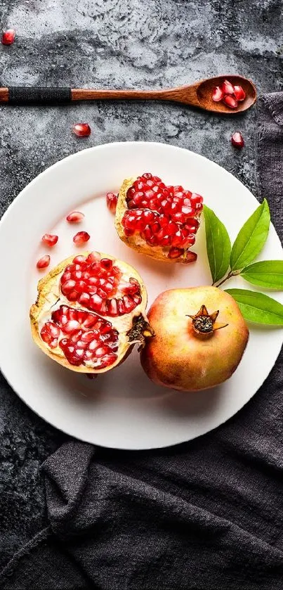 Pomegranate cut open on a white plate with spoon on dark rustic backdrop.