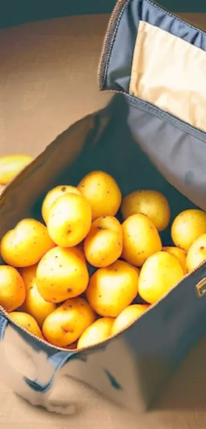 Yellow potatoes spill from a stylish bag.