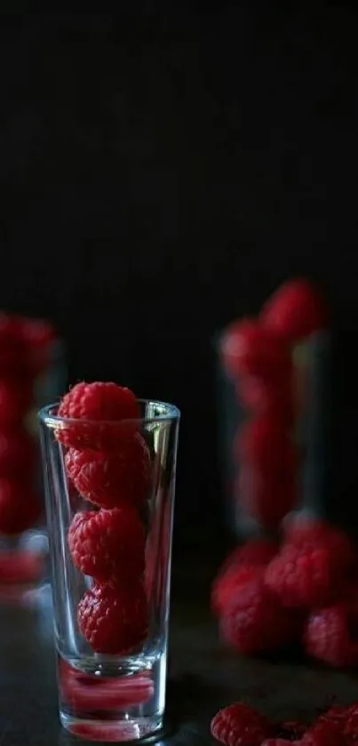 Raspberries stacked in shot glasses on a dark backdrop.