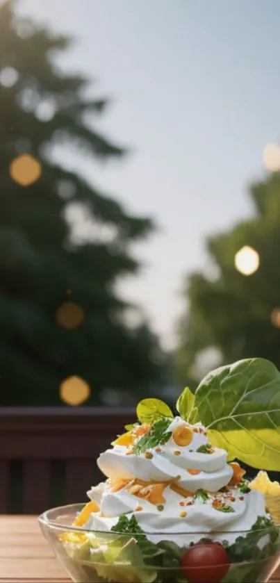 A fresh salad outdoors on a table, surrounded by nature and sunlight.