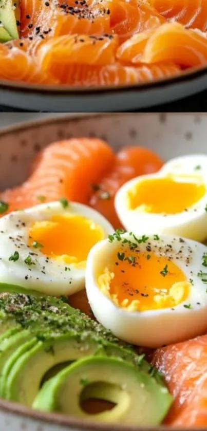Colorful salmon and avocado bowl with eggs.
