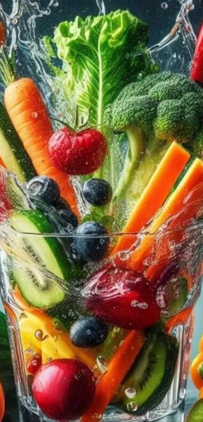 Colorful splash of fresh fruits and vegetables in a vibrant composition.