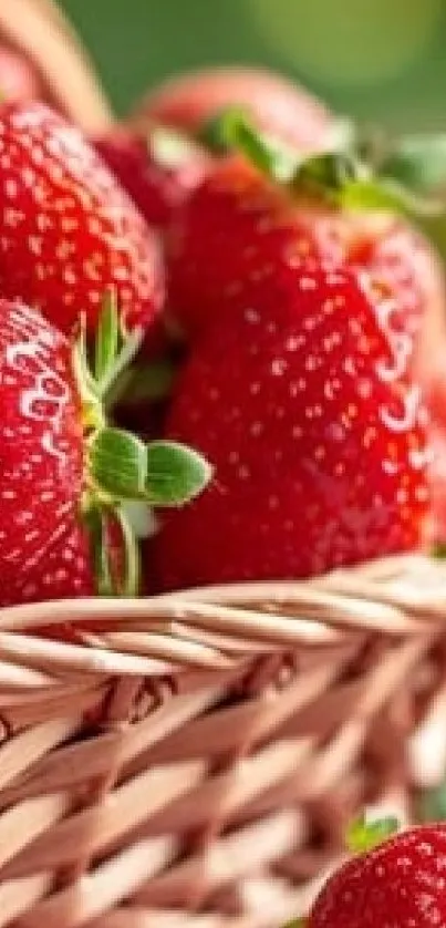 Close-up of ripe strawberries in a wicker basket.