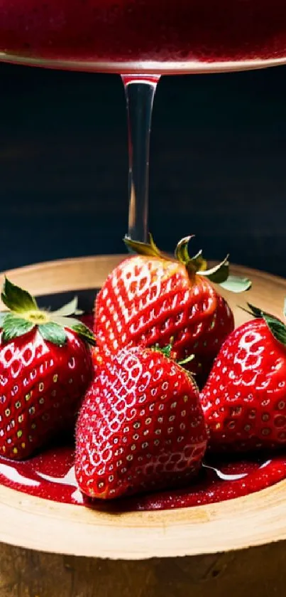 Vibrant red strawberries with syrup on a wooden bowl.