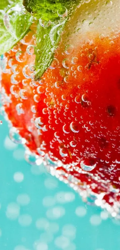 Close-up of a strawberry with vibrant bubbles.