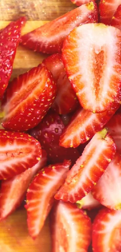 Vibrant strawberries sliced on wooden board wallpaper.