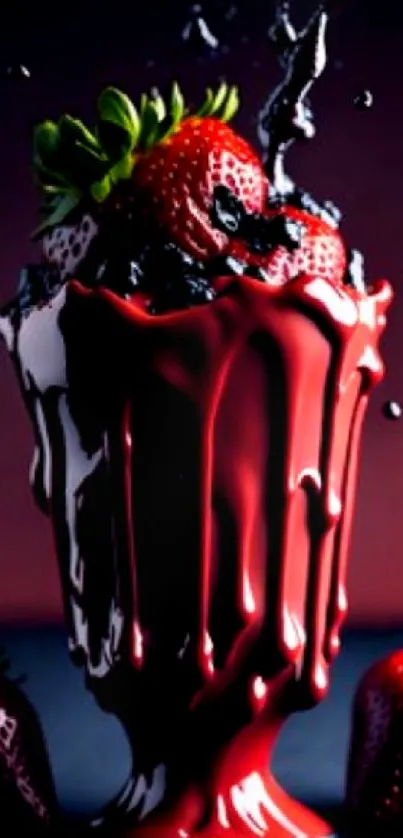 Ripe strawberries with chocolate splash in a velvet cup